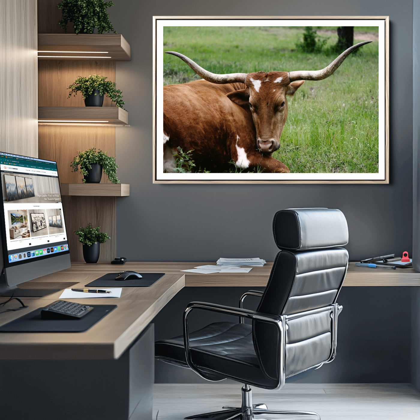 45997-MGC-FP-36x24_Natural-Longhorn Cow Animal Wall Art Canvas Print