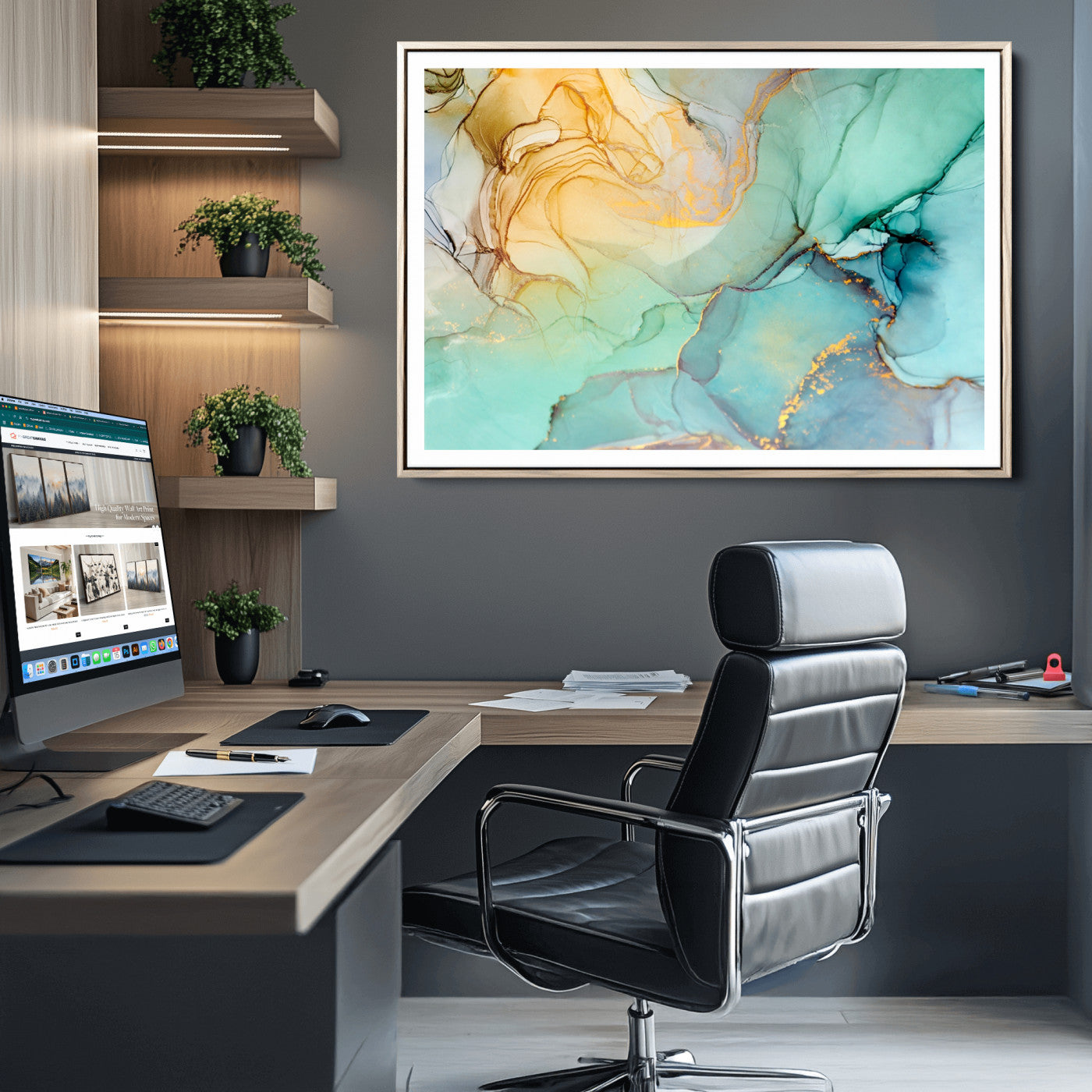 47242-MGC-FP-36x24_Natural-Green Marble Fluid Effect Wall Art Abstract Canvas Wall Art Print
