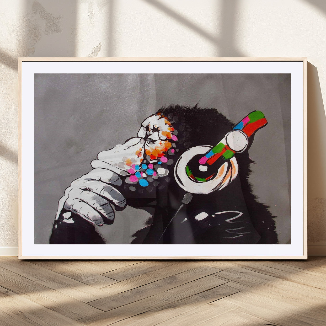 MGC-FP-36x24 - Dj Monkey Listening to Music Wall Art Print | Banksy Monkey Large Canvas Print for Living Room,