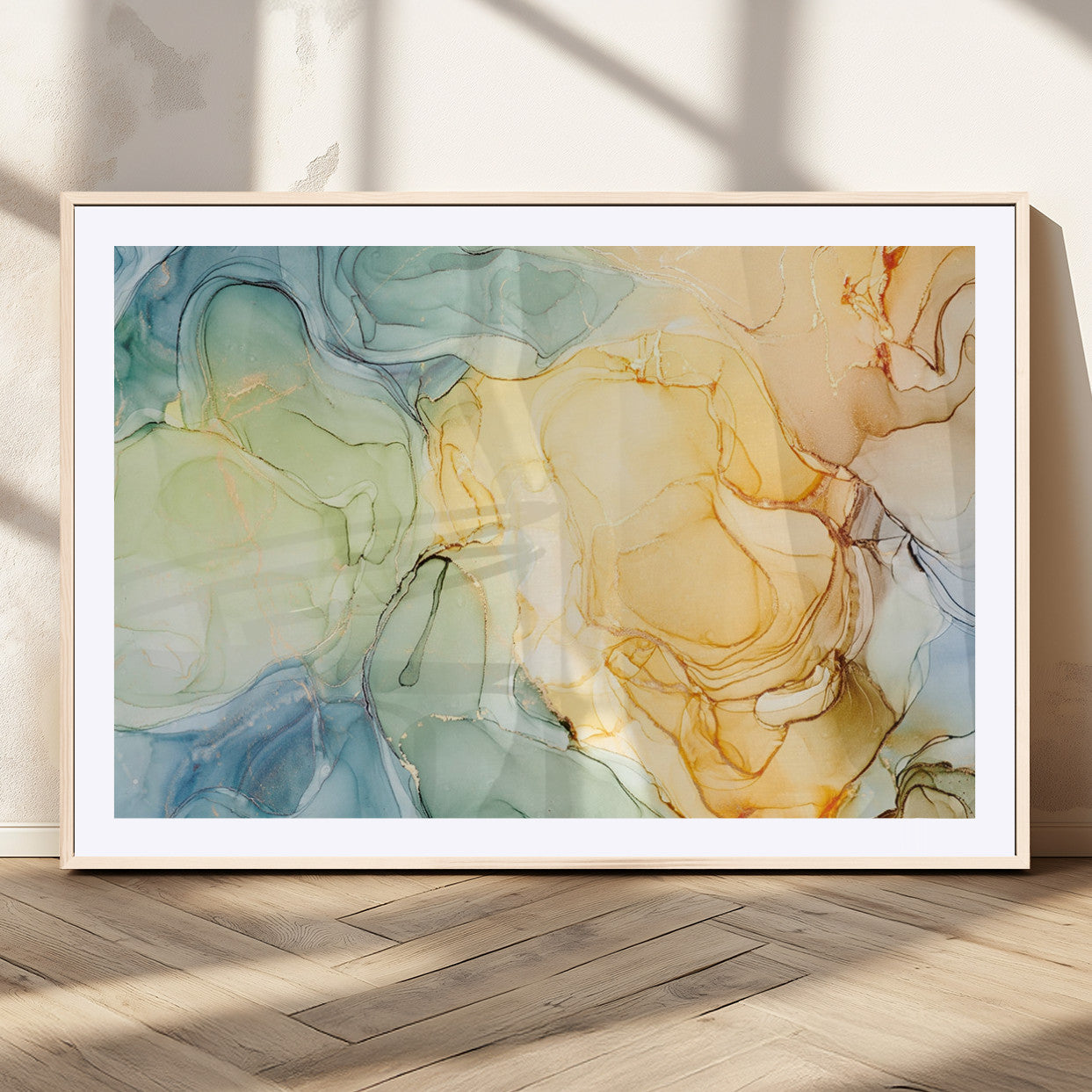 MGC-FP-36x24 - Green and Yellow Marble Fluid Effect Wall Art, Green and Yellow Marble Canvas Wall Art Print