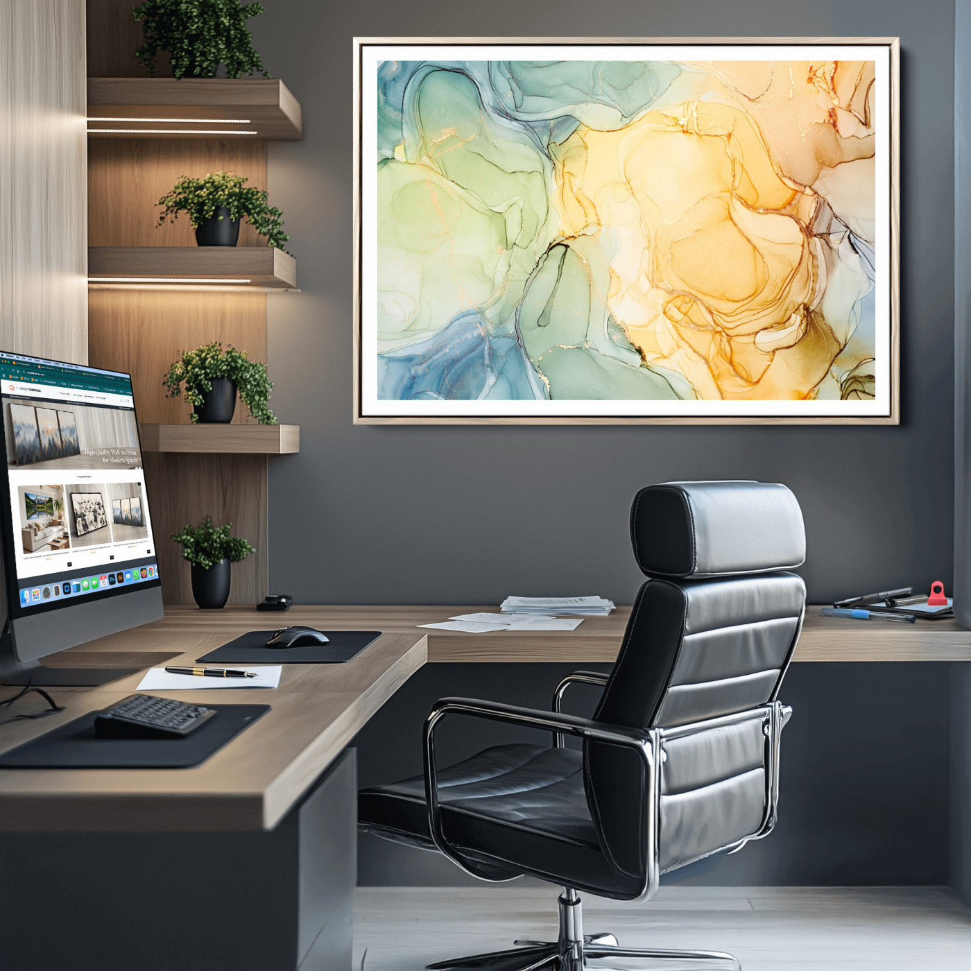 42195-MGC-FP-36x24_Natural-Green and Yellow Marble Fluid Effect Wall Art, Green and Yellow Marble Canvas Wall Art Print