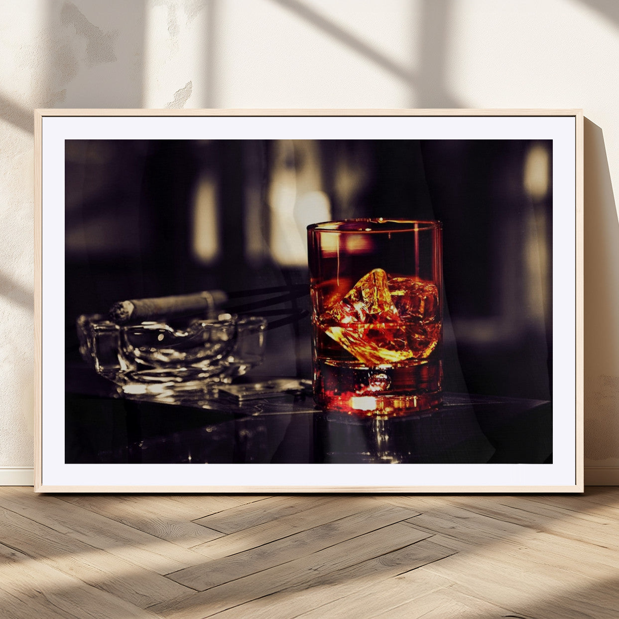 MGC-FP-36x24 - Whiskey and Cigar Canvas – Luxurious Wall Art for Home or Bar – Glass and Cigar Scene Print Canvas