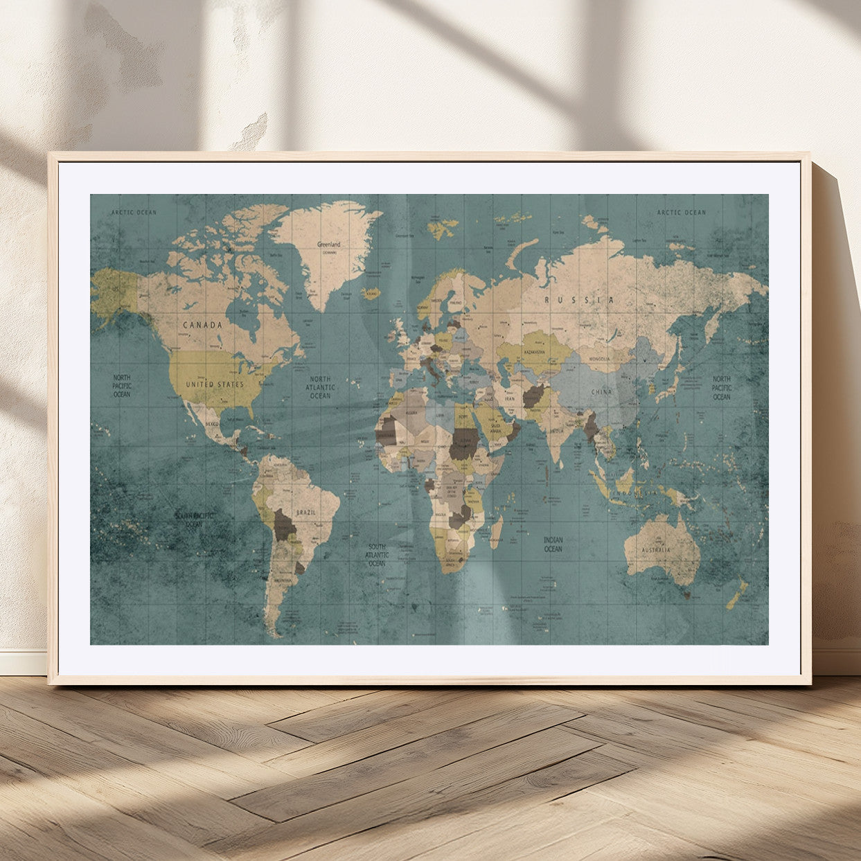MGC-FP-36x24 - Classic World Map Wall Art Canvas Print, Framed Retro Map Art Picture Print, Vintage Atlas Perfect Rustic Explorer Decor Artwork