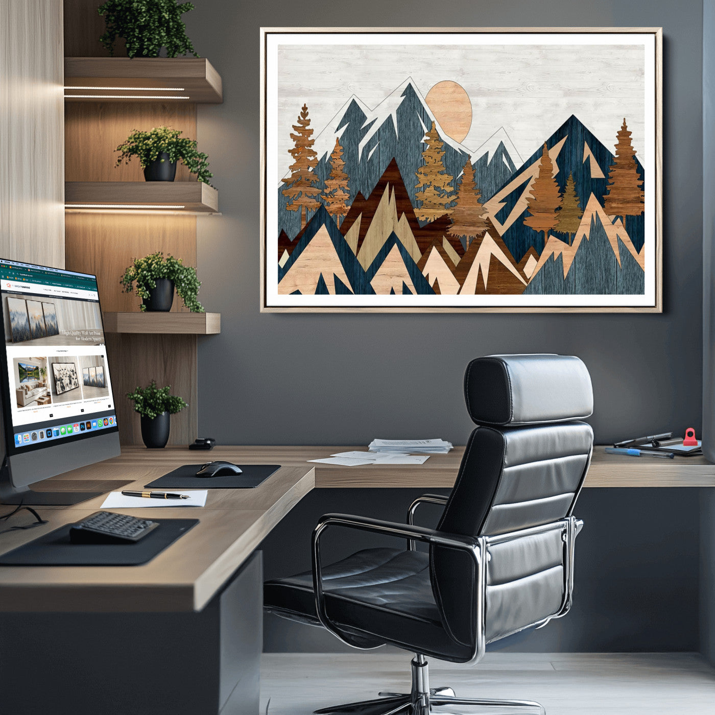 91467-MGC-FP-36x24_Natural-Abstract Wood Panel Effect Mountain Range Top Wall Art Canvas Print