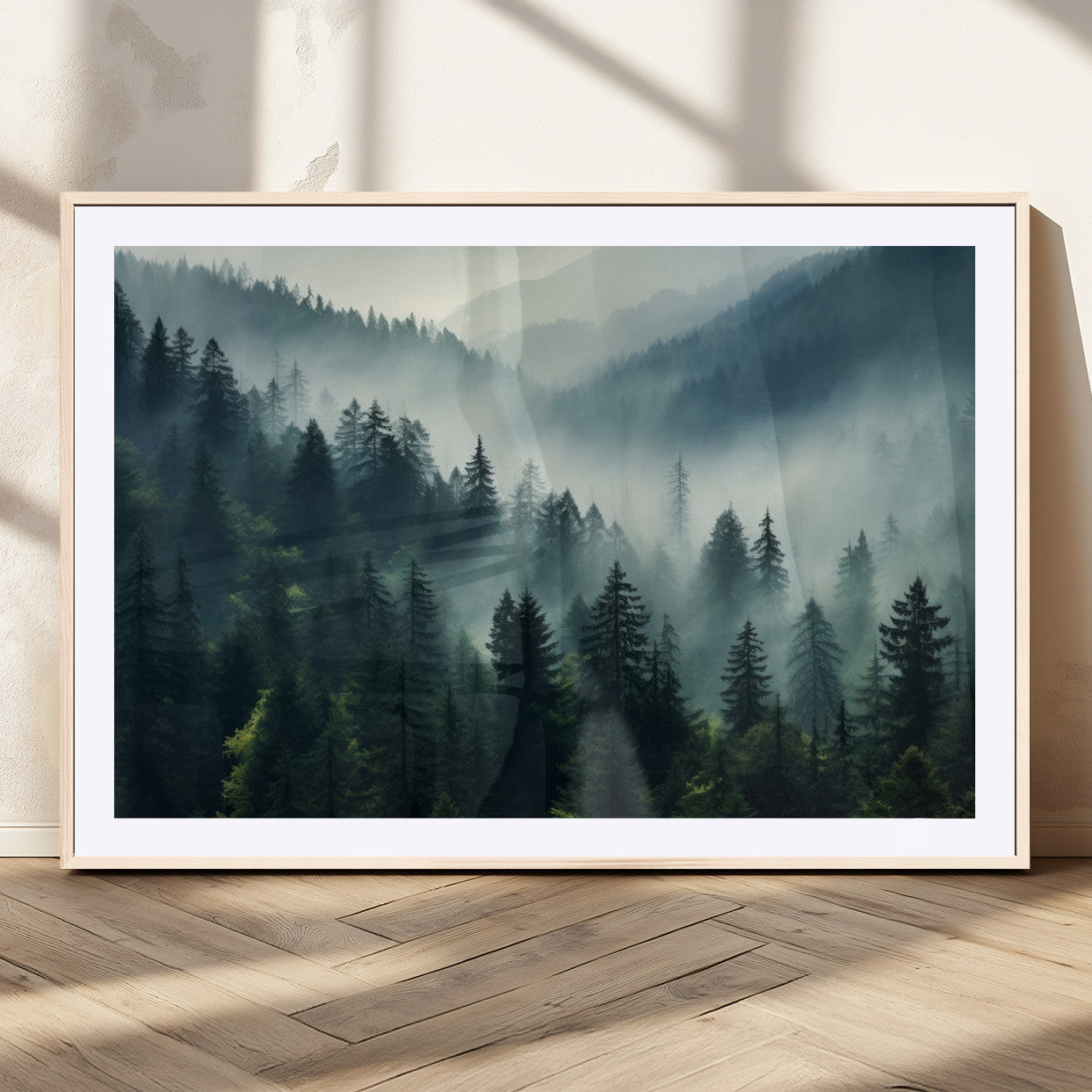 MGC-FP-36x24 - Captivating Misty Forest Wall Art Premium Canvas Print a Foggy and Serene Atmosphere Art