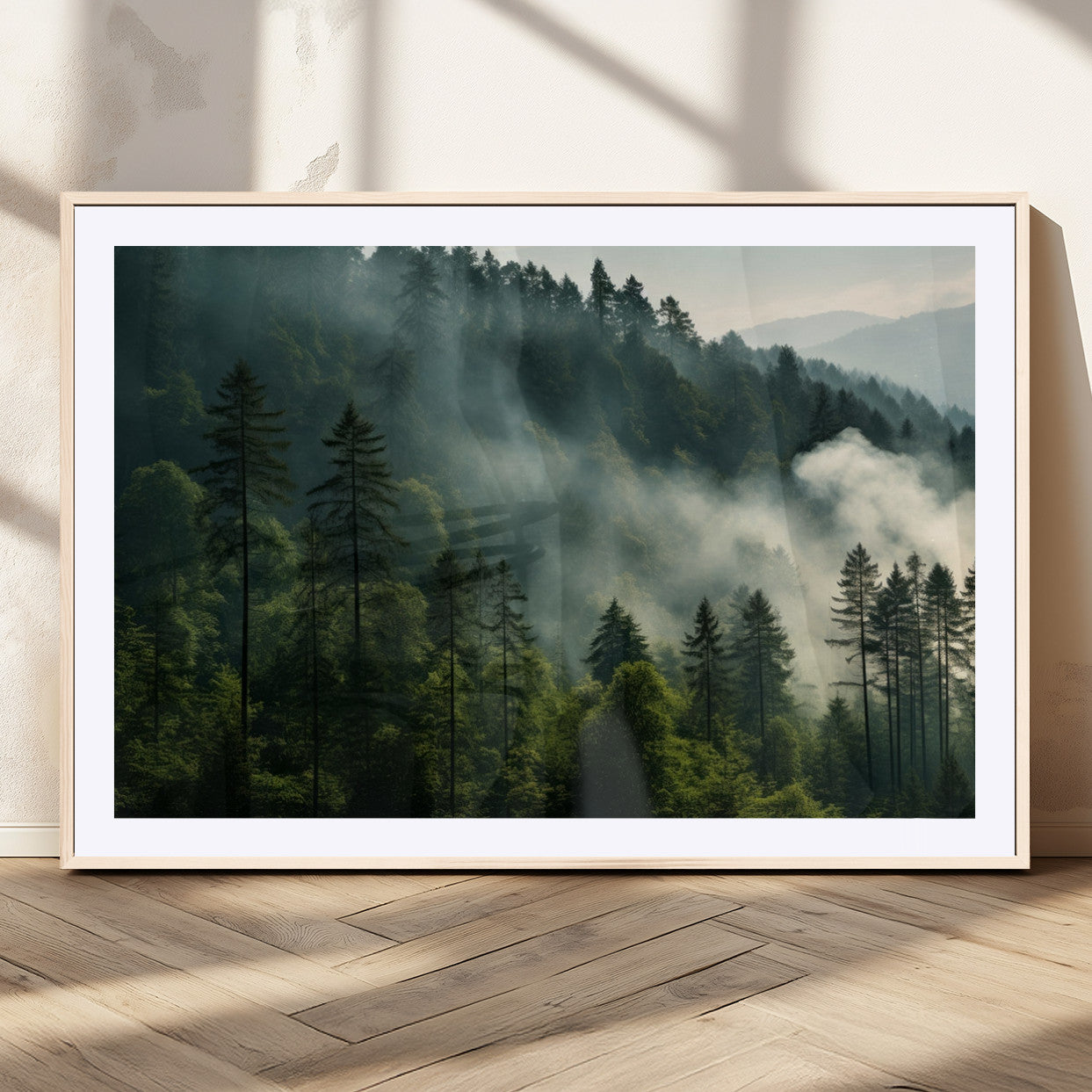 MGC-FP-36x24 - Misty Forest Wall Art Premium Canvas Print a Foggy and Serene Atmosphere