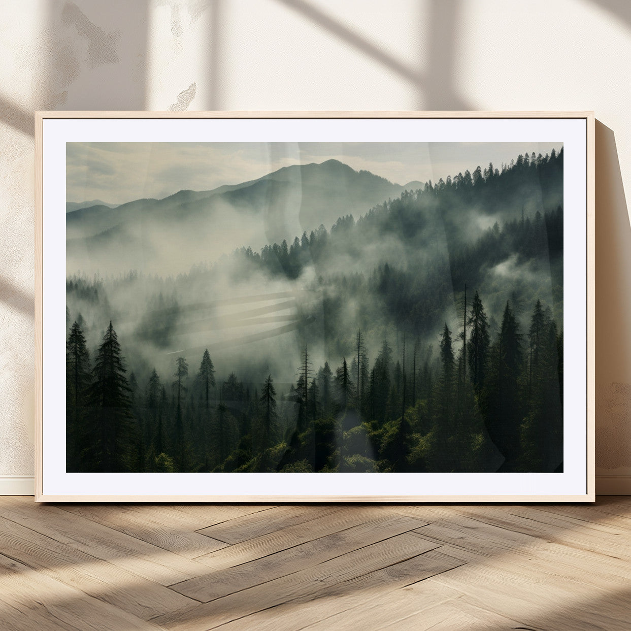 MGC-FP-36x24 - Captivating Misty Forest Wall Art Premium Canvas Print a Foggy and Serene Atmosphere