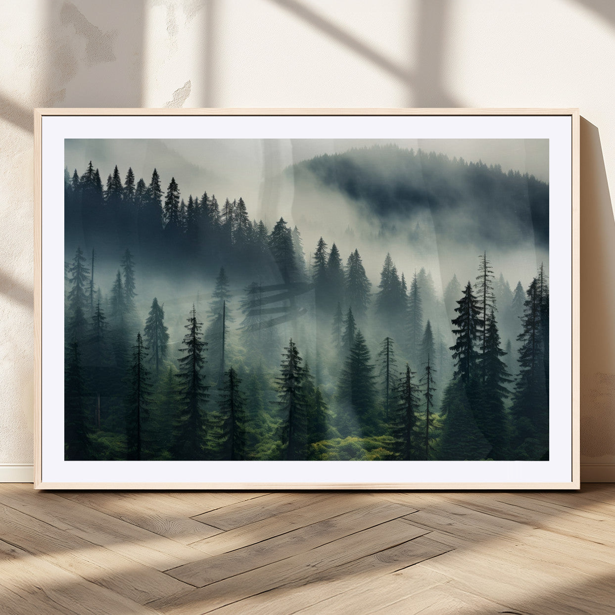 MGC-FP-36x24 - Captivating Misty Forest Wall Art Premium Canvas Print a Foggy and Serene Atmosphere