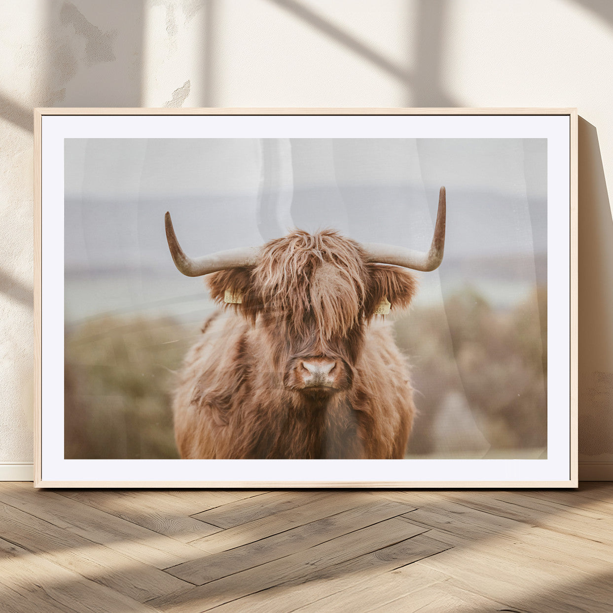 MGC-FP-36x24 - Scottish Serene Highland Cow Canvas Wall Art – Serene Highland Cow in Natural Pastel Tones – Ready