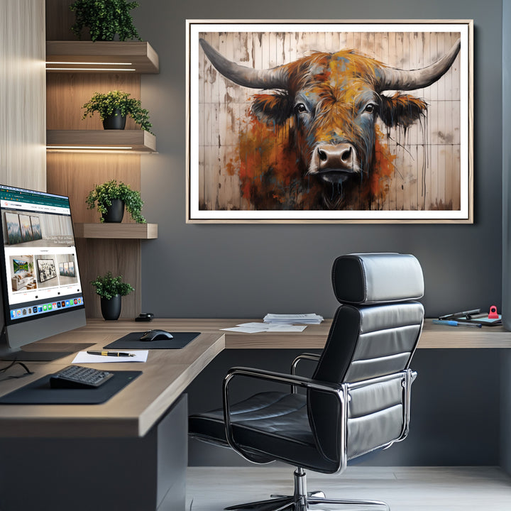 Scottish Highland Cow Cattle Art Print on Wood Style Background