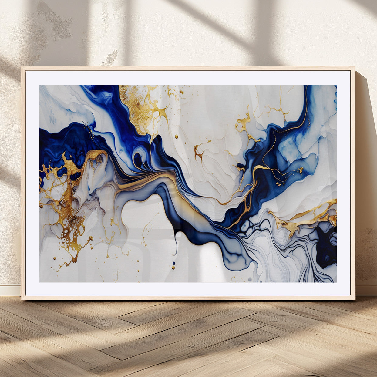 MGC-FP-36x24 - Golden Cascades on Midnight Blue – Deep Blue Abstract Wall Art Flowing Elegance | Wall Art Canvas,