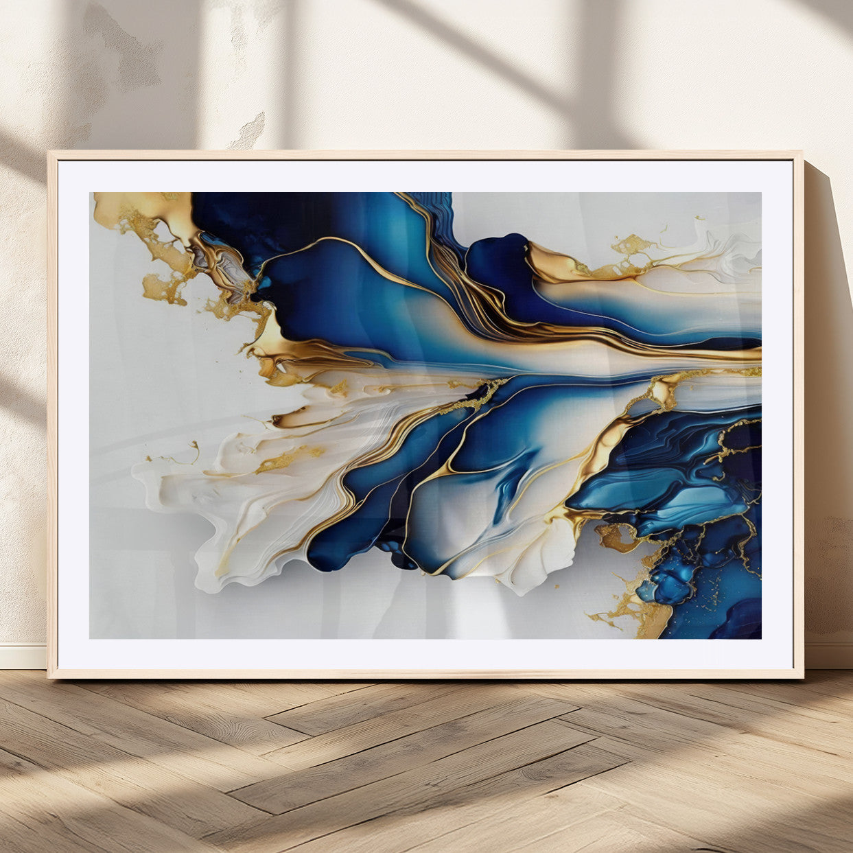 MGC-FP-36x24 - Gold Marble Art - Abstract Geode Gold And Blue Marble Shape 3 Pieces Wall Art Canvas Print