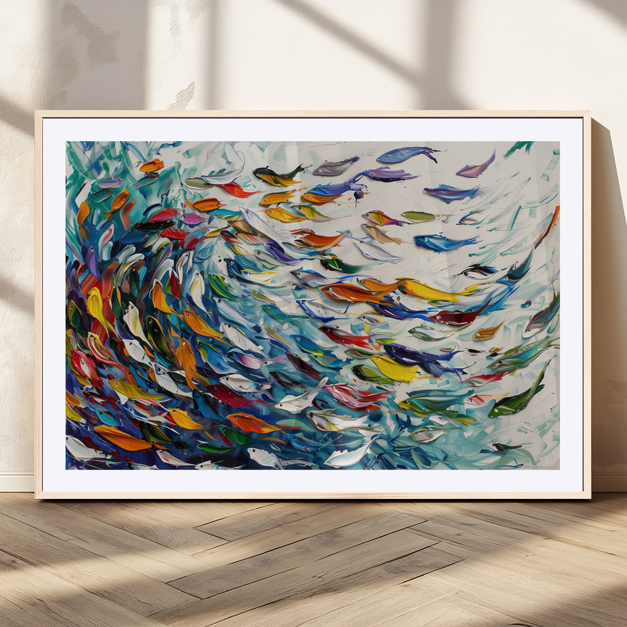 MGC-FP-36x24 - Modern Abstract Fish Shoal Wall Art Canvas Print, Colorful Fish Herd Painting on Canvas Print, Ocean