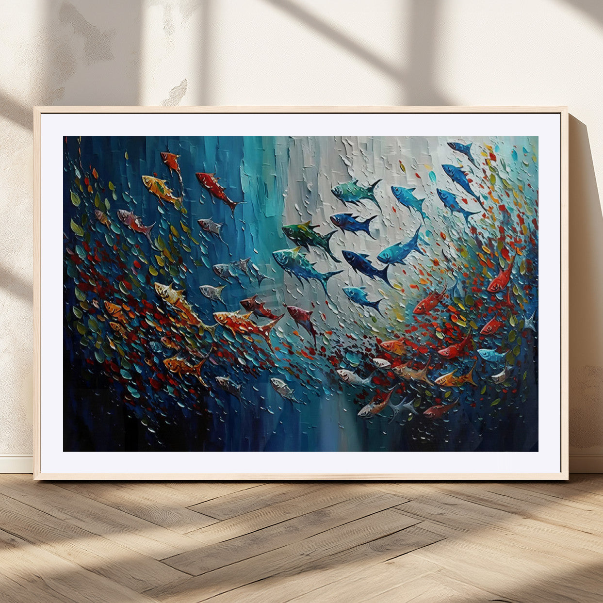 MGC-FP-36x24 - Modern Abstract Fish Shoal Wall Art Canvas Print, Colorful Fish Herd Painting on Canvas Print, Ocean