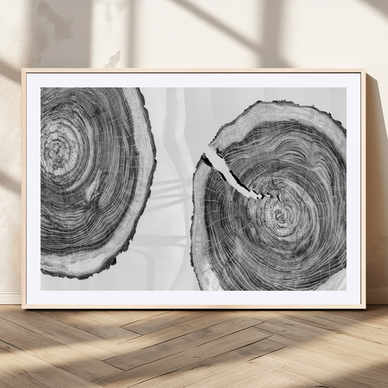MGC-FP-36x24 - Modern Black and White Tree Rings Canvas Wall Art – Nature Inspired Wood Slice Print – Minimalist