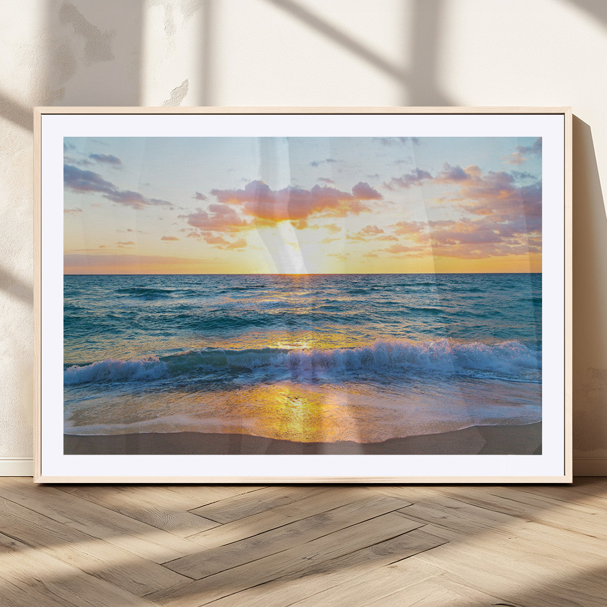 MGC-FP-36x24 - Golden Sunset Over Ocean Waves - Serene Coastal Triptych Wall Art for Relaxing Home Decor, Ready to