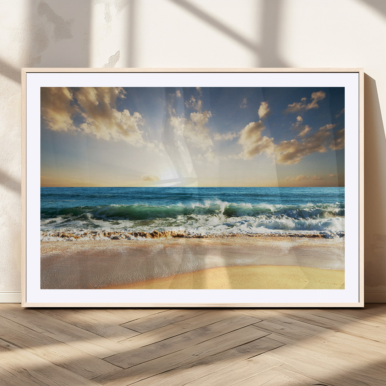 MGC-FP-36x24 - Golden Sunset Beach Triptych Canvas Wall Art for Living Room – 3-Panel Ocean View, Framed & Ready to