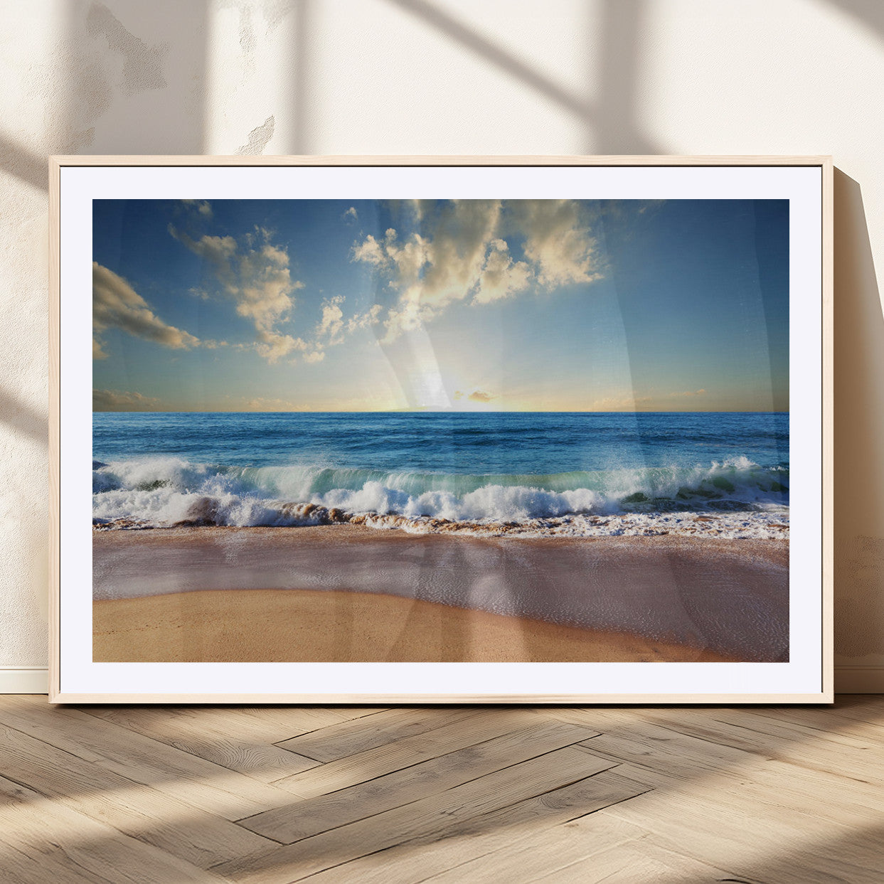 MGC-FP-36x24 - Serene Ocean Sunset Canvas Wall Art - Beach Waves at Sunset, Ready to Hang