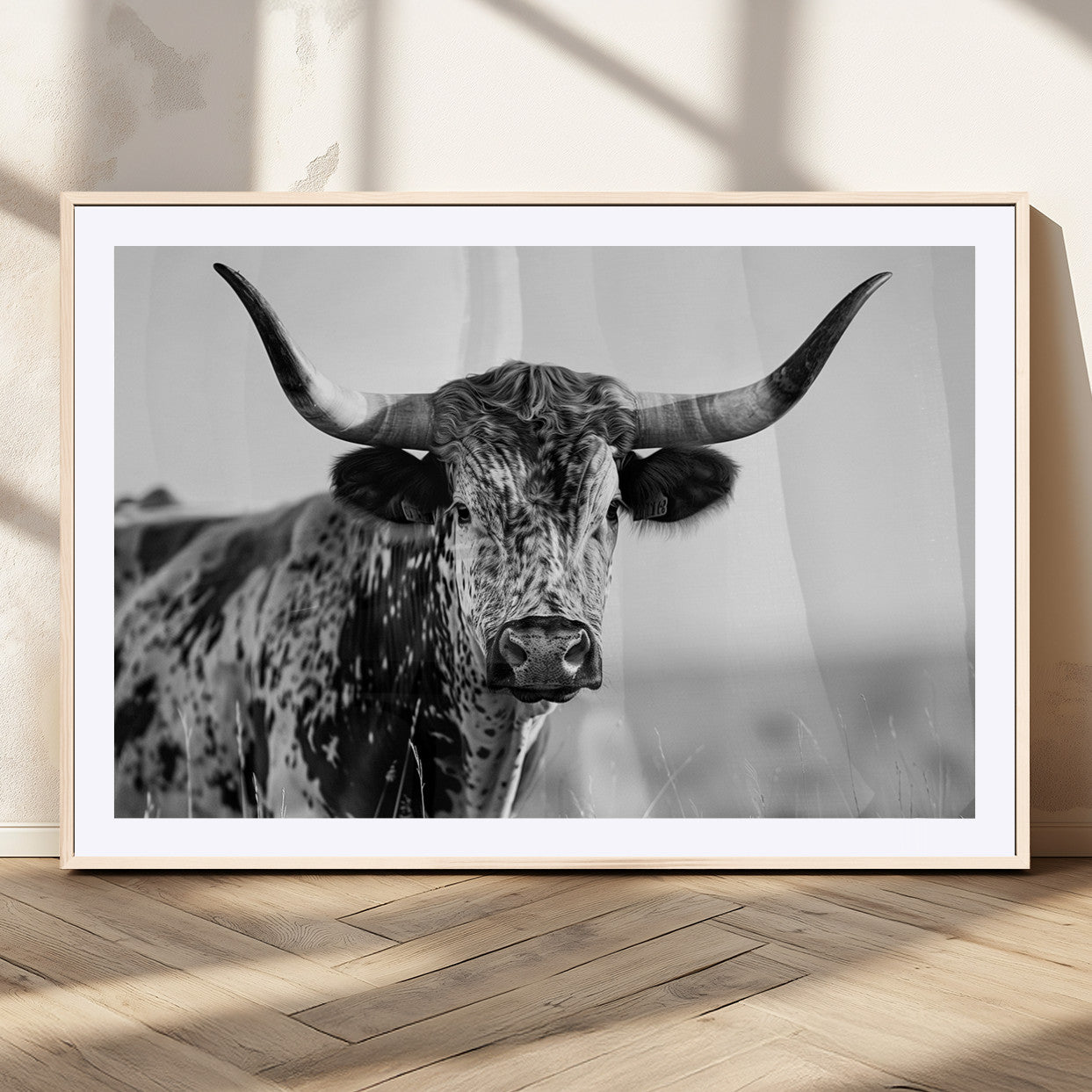 MGC-FP-36x24 - Texas Highland Cow Longhorn Canvas Print - Rustic Farmhouse Wall Art - Large Texas Longhorn