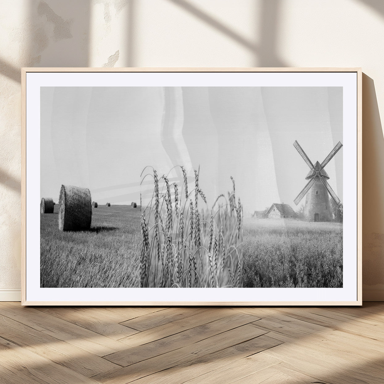 MGC-FP-36x24 - Vintage Farmhouse Black and White Triptych Wall Art – Giclee Canvas Featuring Wheat Fields, Hay