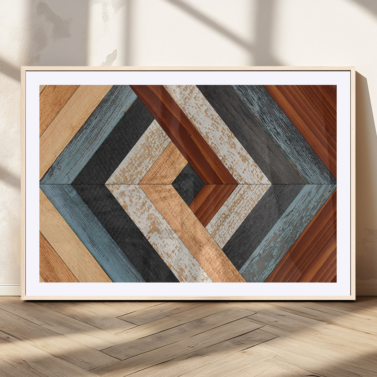 MGC-FP-36x24 - Geometric Wood Art Wall Decor Canvas Print, Rustic Wooden Pattern Triptych Wall Art for Living Room