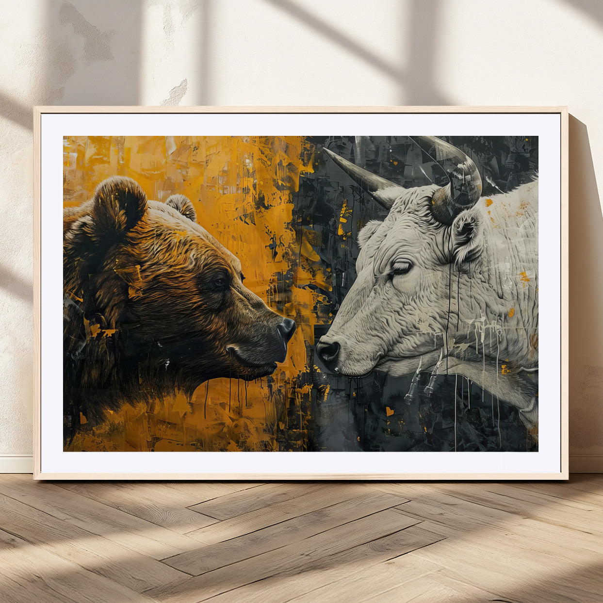 MGC-FP-36x24 - Bear and Bull Wall Art Canvas Print – Abstract Animal Portrait Painting for Modern Home Decor –