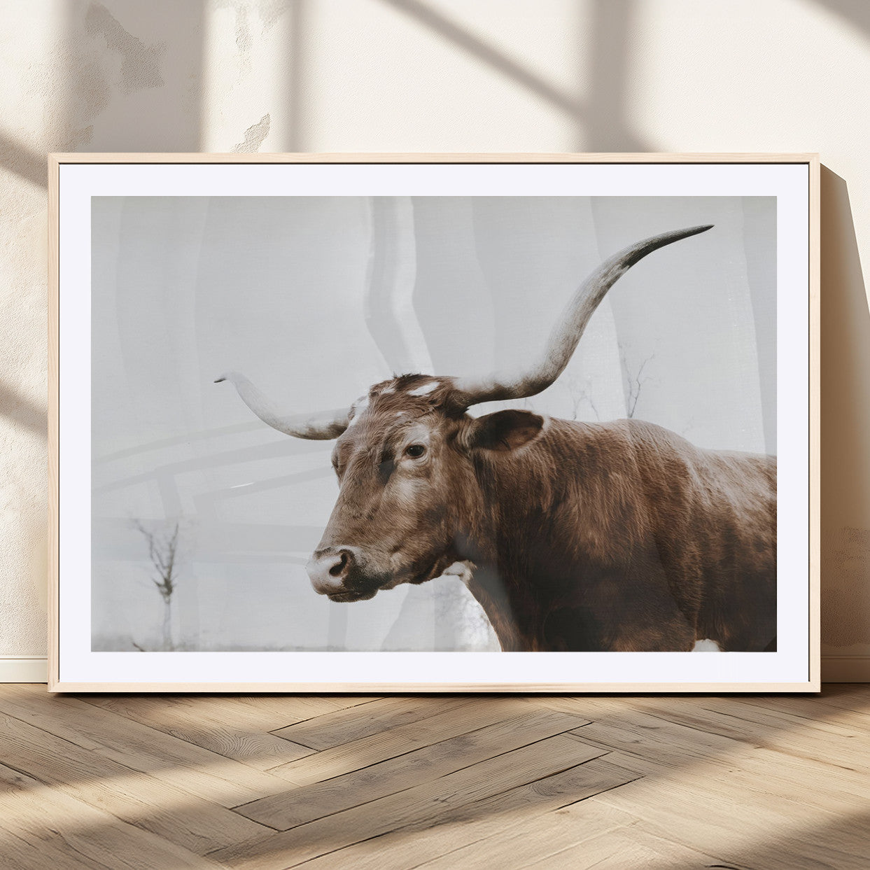 MGC-FP-36x24 - Rustic Bull Wall Art Canvas Print – Modern Longhorn Farmhouse Animal Decor – Abstract Farm Cow