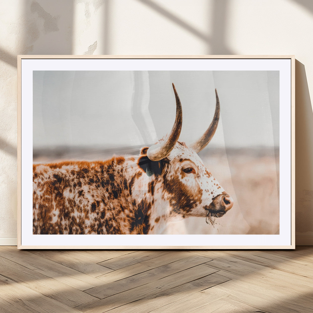 50356-MGC-FP-36x24_Natural-Speckled Bull Wall Art Canvas Print – Rustic Cow Longhorn Farmhouse Animal Decor – Western Longhorn