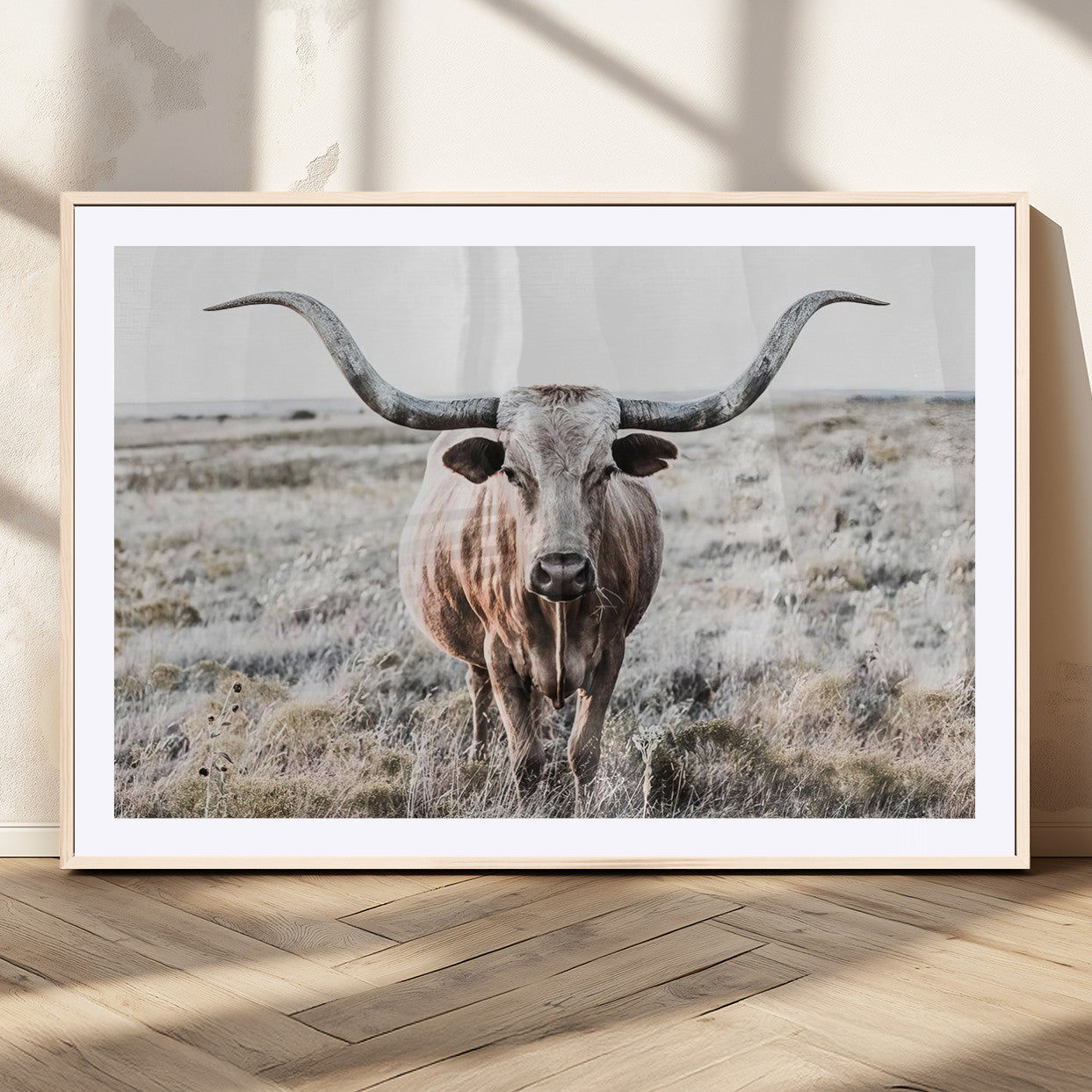26121-MGC-FP-36x24_Natural-Rustic Texas Longhorn Wall Art Canvas Print | Western Farmhouse Decor for Living Room or Office,