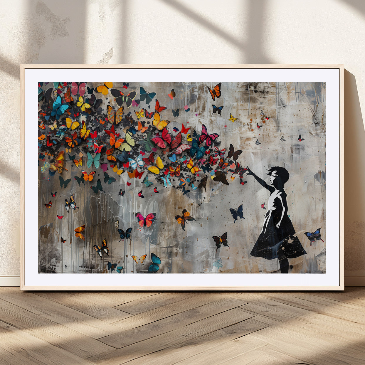 MGC-FP-36x24 - Banksy Wall Art - Banksy Girl and Butterfly Explosion Wall Art Canvas Print | Girl with Butterflies