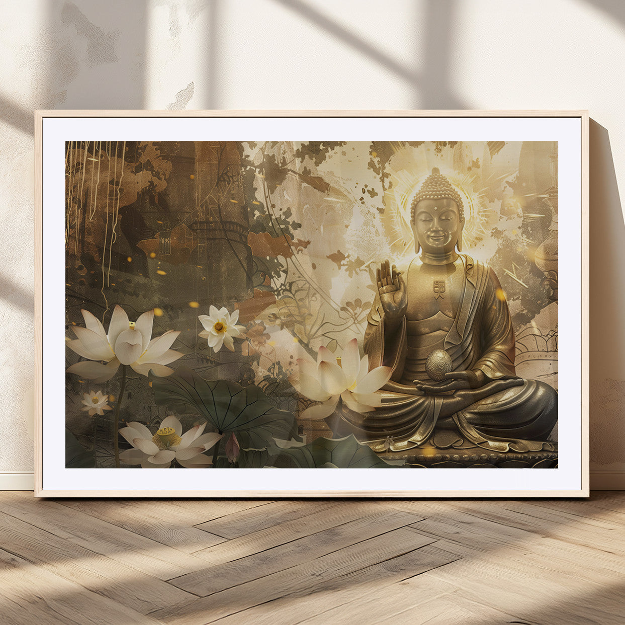 MGC-FP-36x24 - Zen Buddha Wall Art Canvas Print | Peaceful Meditation Decor with Lotus Flowers | Spiritual Serenity