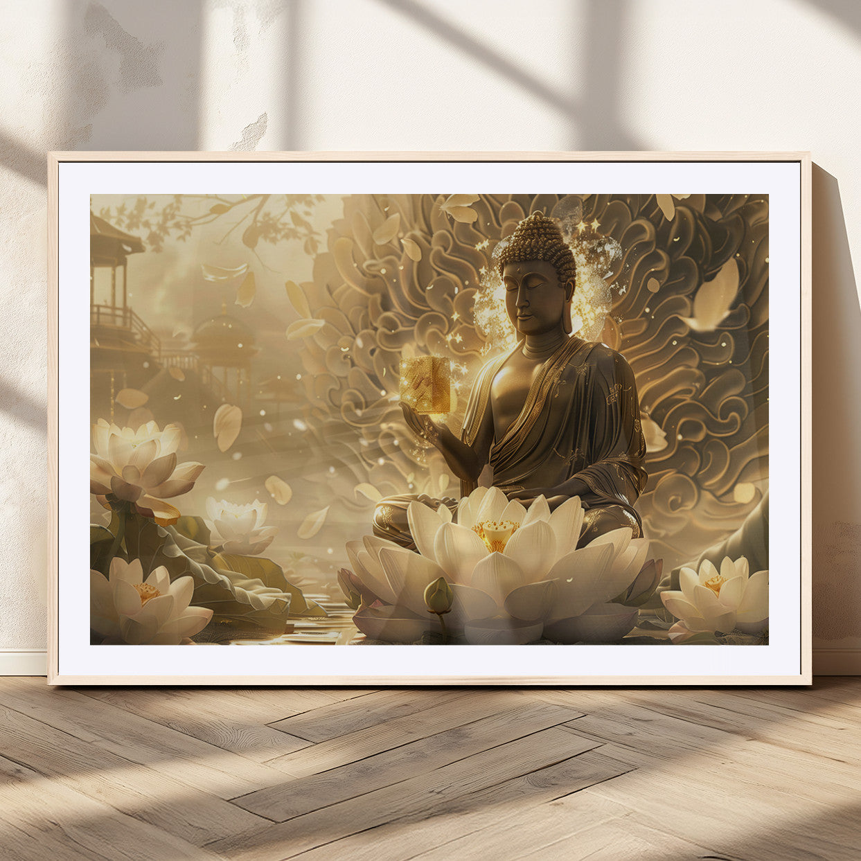 MGC-FP-36x24 - Golden Buddha Wall Art | Yoga Room Decor and Meditation Room Wall Art | Framed and Ready to Hang