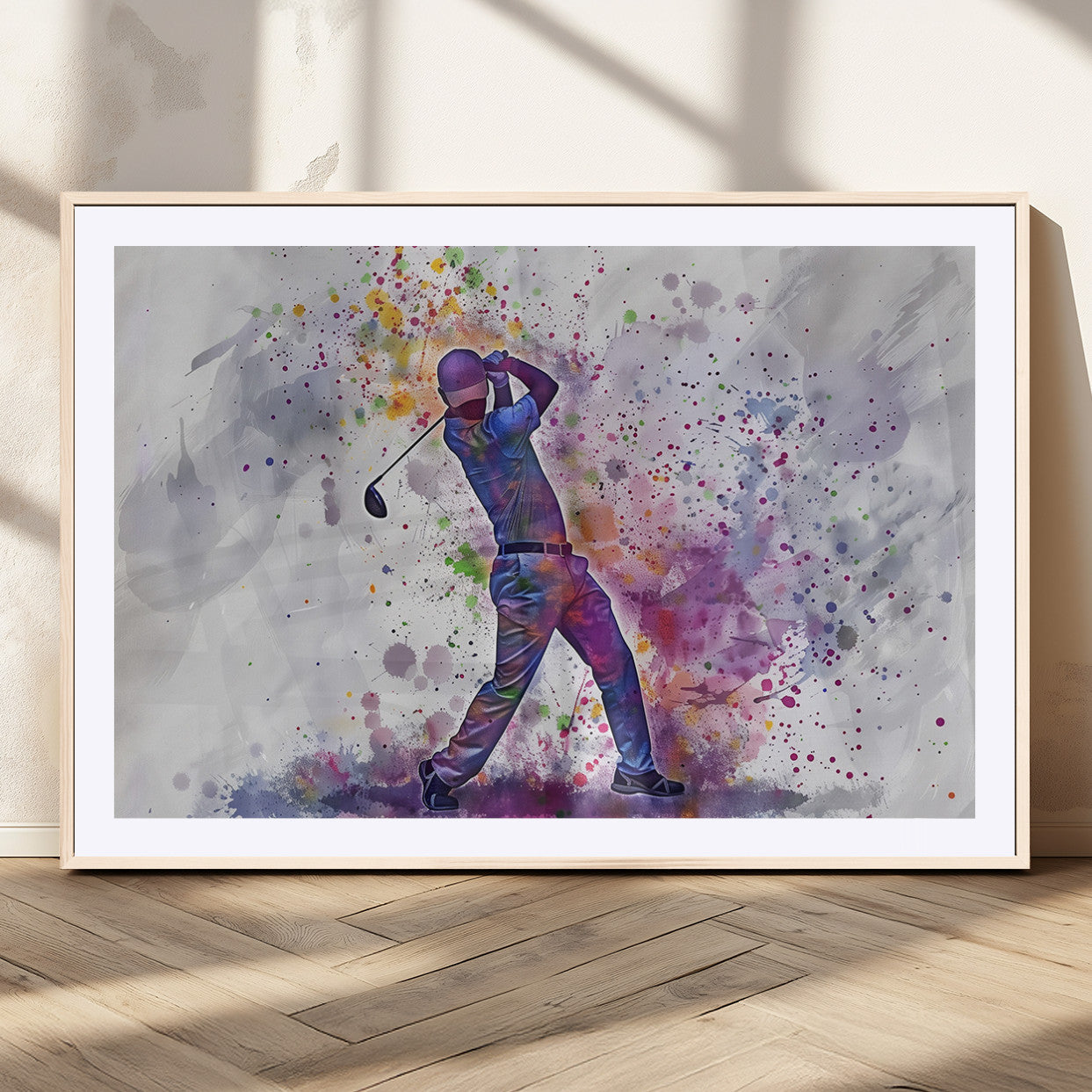 MGC-FP-36x24 - Watercolor Golf Swing Wall Art Canvas Print | Vibrant Abstract Golf Player Silhouette |