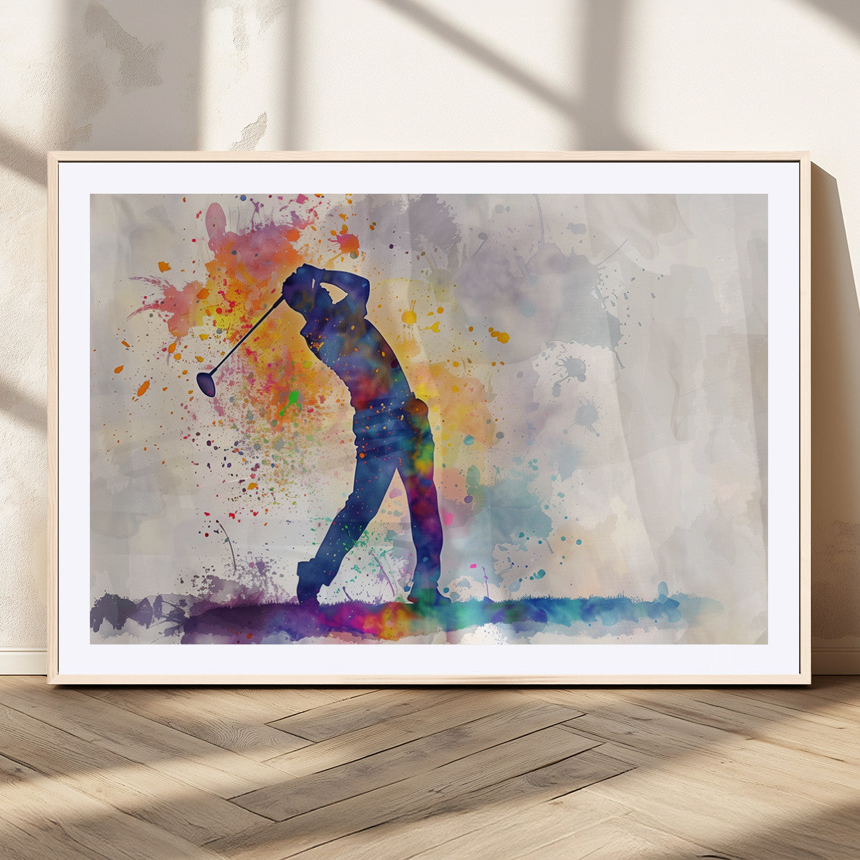 MGC-FP-36x24 - Watercolor Golf Swing Wall Art Canvas Print | Vibrant Abstract Golf Player Silhouette |