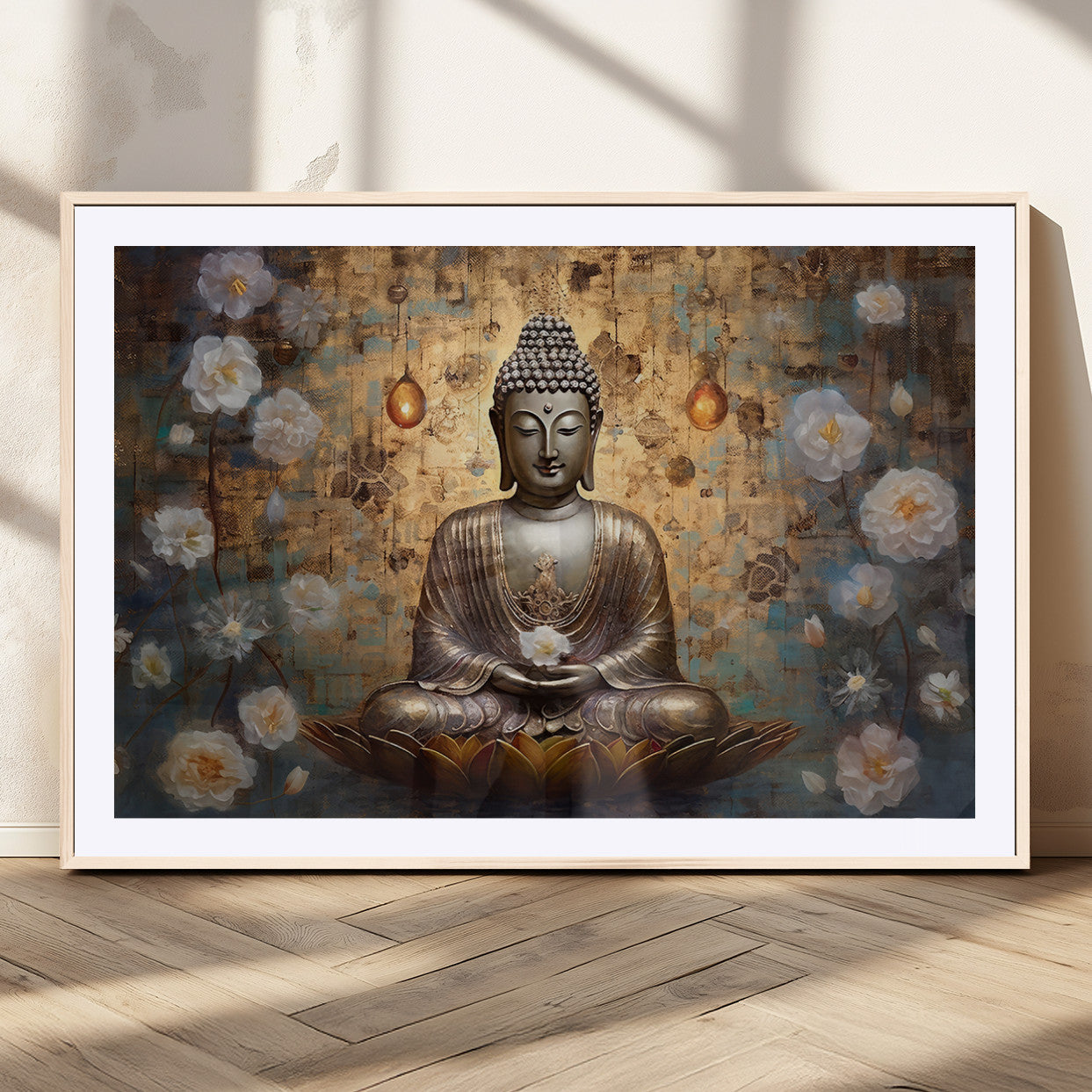 MGC-FP-36x24 - Golden Buddha Wall Art Canvas Print | Zen Meditation Floral Decor | Tranquil Spiritual Home Art |