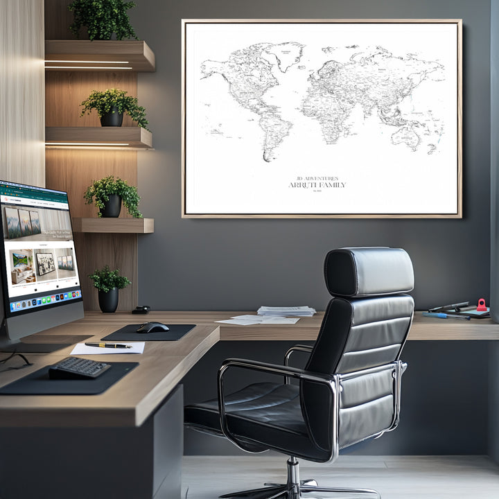 Personalized World Map Wall Art Canvas Print - Custom Push Pin Travel Map Canvas - Framed Map Print for Travel Lover Gift