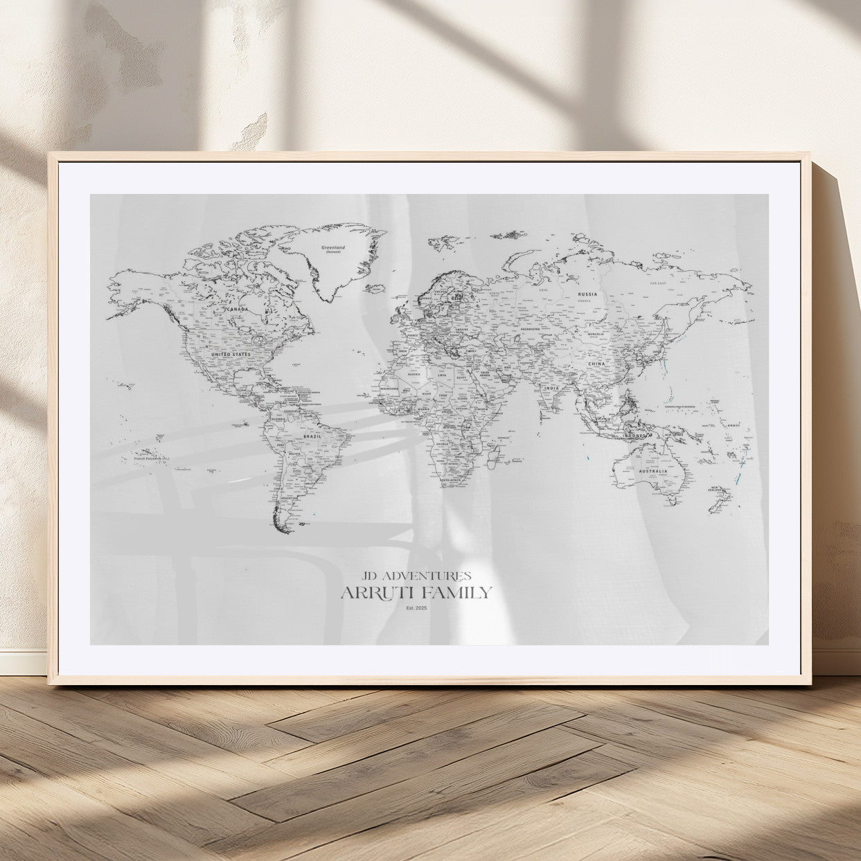 MGC-FP-36x24 - Custom World Map Wall Art – Personalized Framed Canvas Print with Push Pins for Travel Tracking,