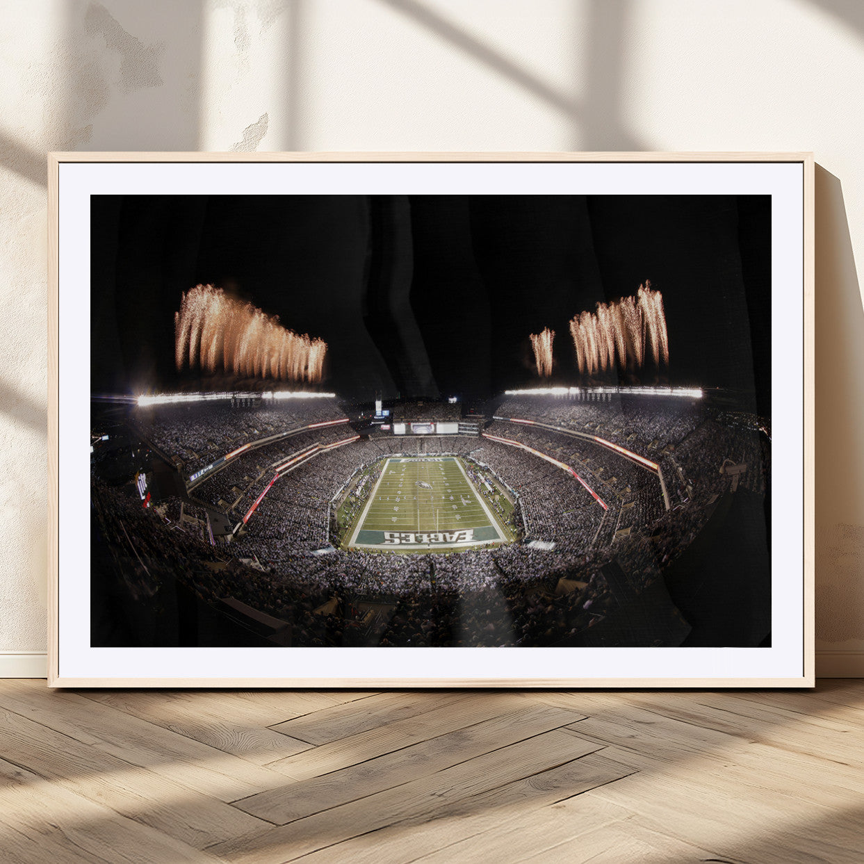 48893-MGC-FP-36x24_Natural-Eagles Field Stadium Wall Art - Lincoln Financial Field Fireworks Game Triple Canvas Wall Art -