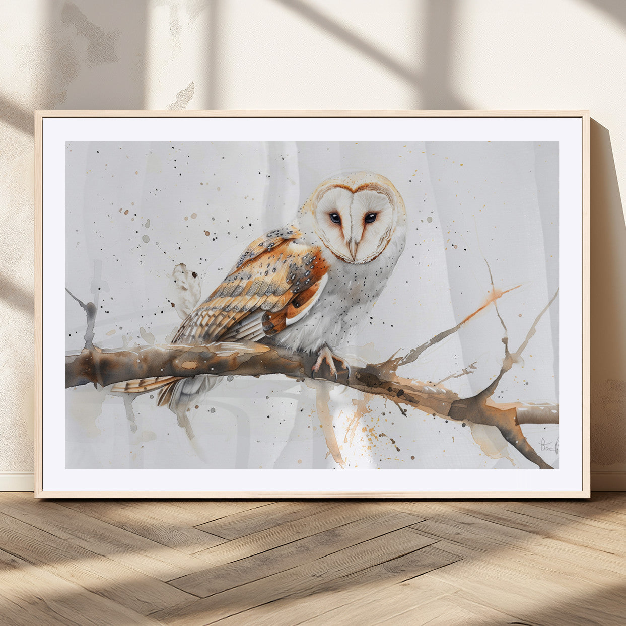 MGC-FP-36x24 - Barn Owl Wall Art on Branch | Stunning Canvas Print for Nature Lovers | Ready to Hang and Framed