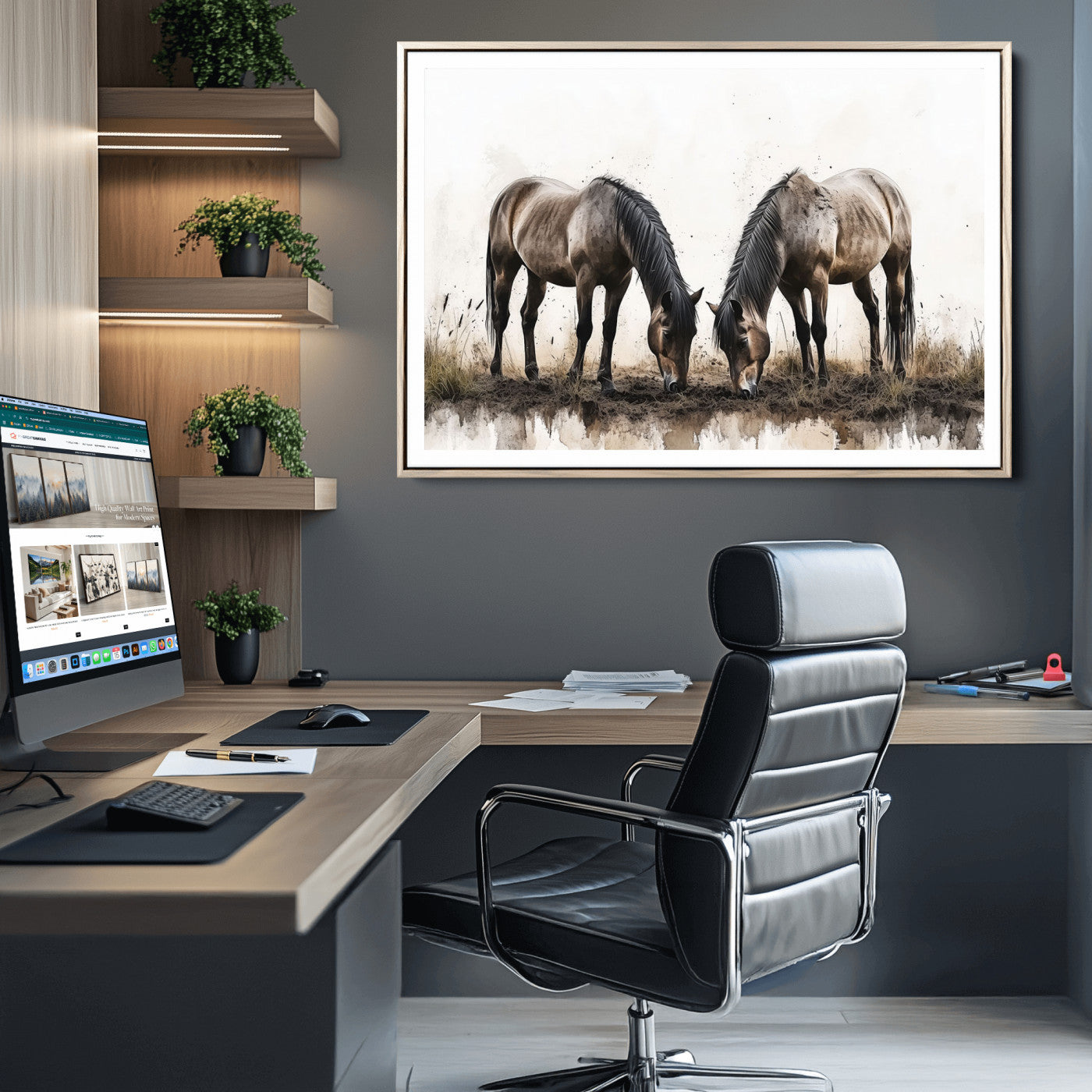 71729-MGC-FP-36x24_Natural-Chines Ink Style Horses Wall Art Canvas Print