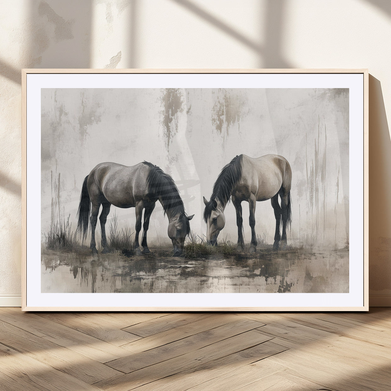 MGC-FP-36x24 - Chines Ink Style Vintage Horses Wall Art Canvas Print for Farmhouse Wall Decor