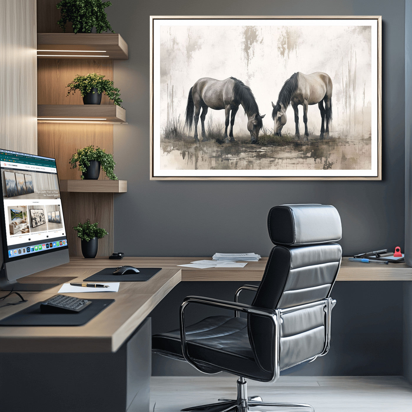 35494-MGC-FP-36x24_Natural-Chines Ink Style Vintage Horses Wall Art Canvas Print for Farmhouse Wall Decor