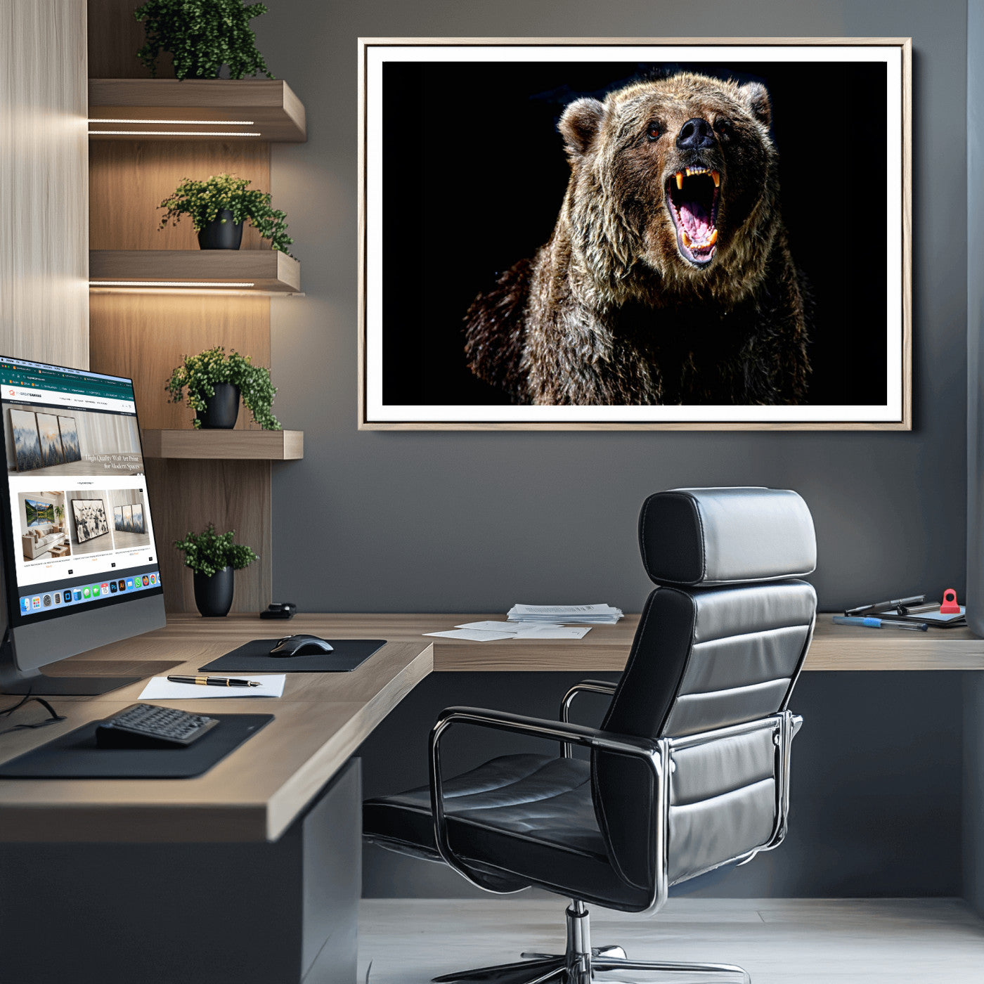 17625-MGC-FP-36x24_Natural-Grizzly Bear Canvas Print | Wildlife Wall Art for Cabin Decor | Ready to Hang Framed