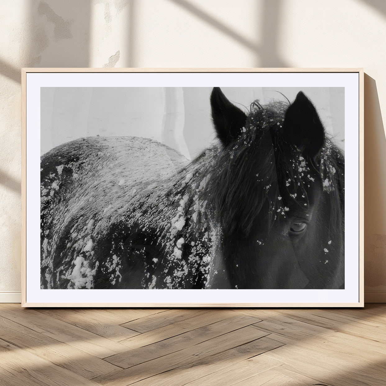 MGC-FP-36x24 - Black Horse in Snow Canvas Print | Winter Horse Wall Art | Ready to Hang and Framed | Farmhouse Wall