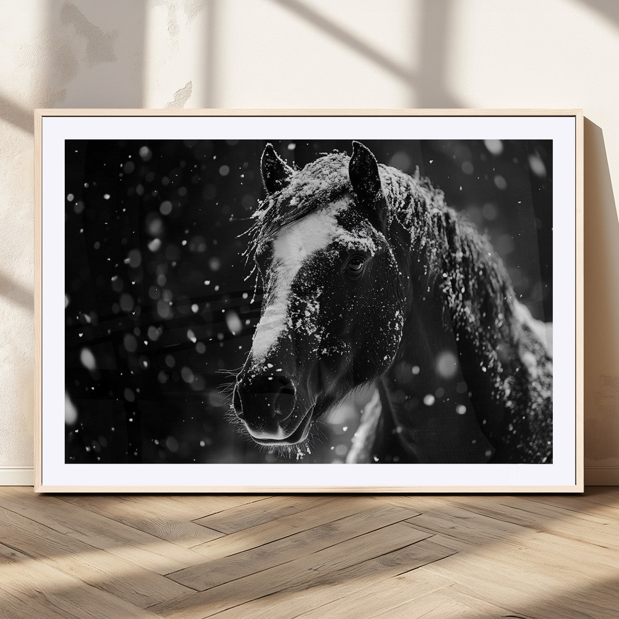 MGC-FP-36x24 - Winter Horse Wall Art | Black and White Horse Print | Ready to Hang and Framed | Farmhouse Wall Art