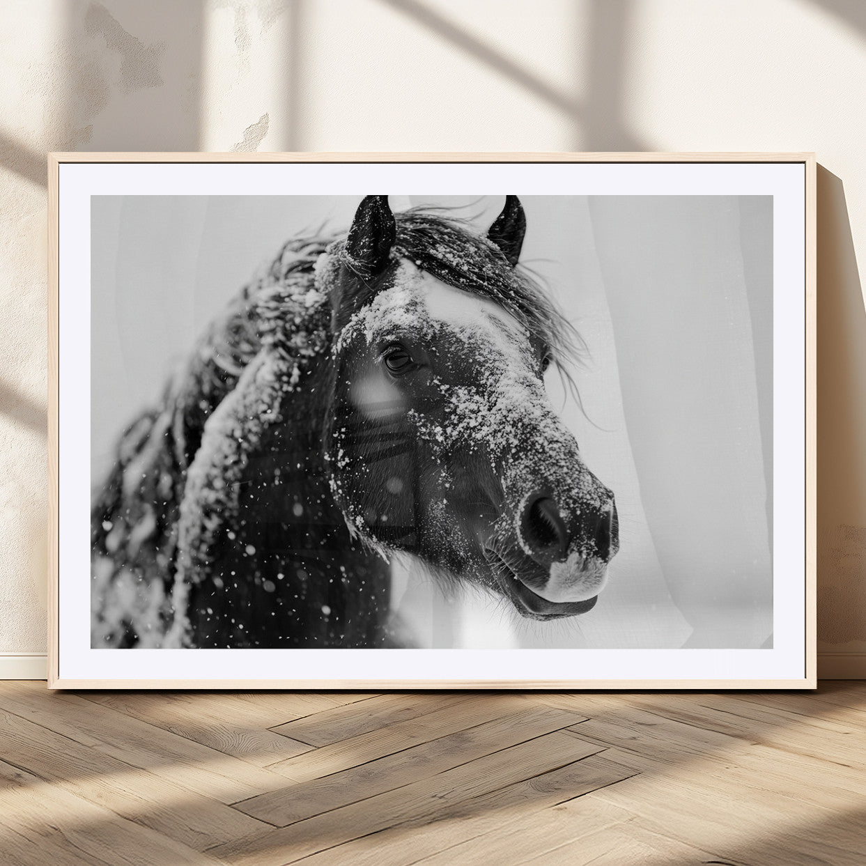MGC-FP-36x24 - Winter Horse Canvas Print | Large 3-Panel Black White Equine Photography for Rustic Farmhouse Wall