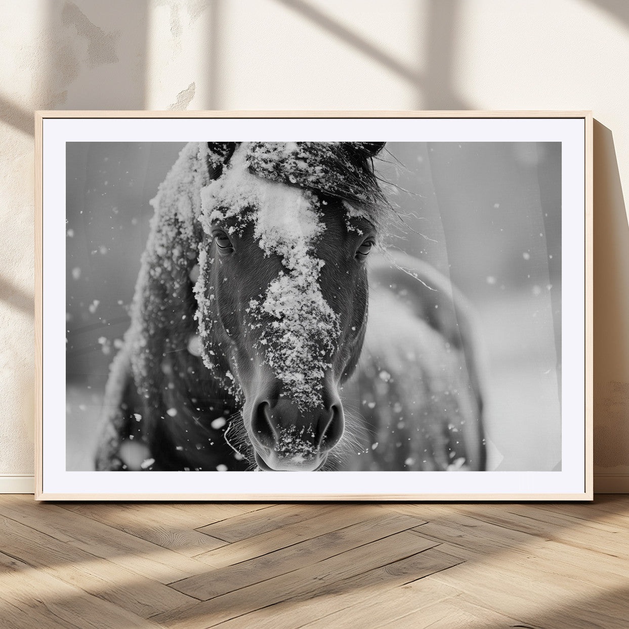 MGC-FP-36x24 - Black and White Horse Winter Wall Art | Ready to Hang and Framed | Farmhouse Wall Decor | Western