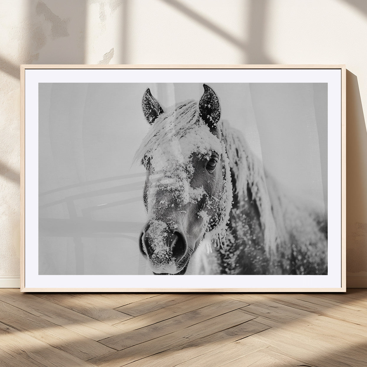 MGC-FP-36x24 - White Horse Wall Art | Ready to Hang and Framed | Winter Horse Wall Art Print for Farmhouse and