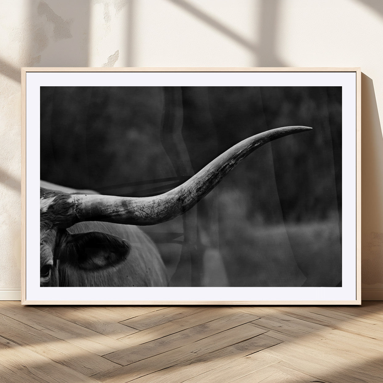 MGC-FP-36x24 - Cow Longhorn Wall Art | Black and White Print | Ready to Hang and Framed | Farmhouse Wall Decor |