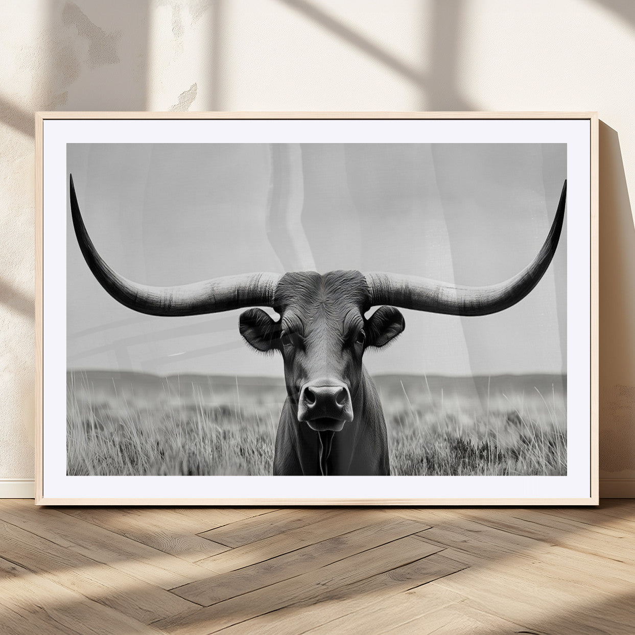 73780-MGC-FP-36x24_Natural-Longhorn Bull Canvas Print | Rustic Farmhouse Wall Art | Western Decor | Ready to Hang and Framed